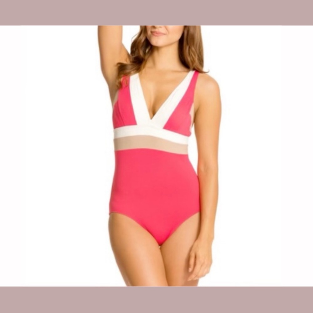 NWT DKNY [SZ 6 ] Colorblock V Neck Maillot One Piece Swimsuit‎ Coral - Picture 1 of 12